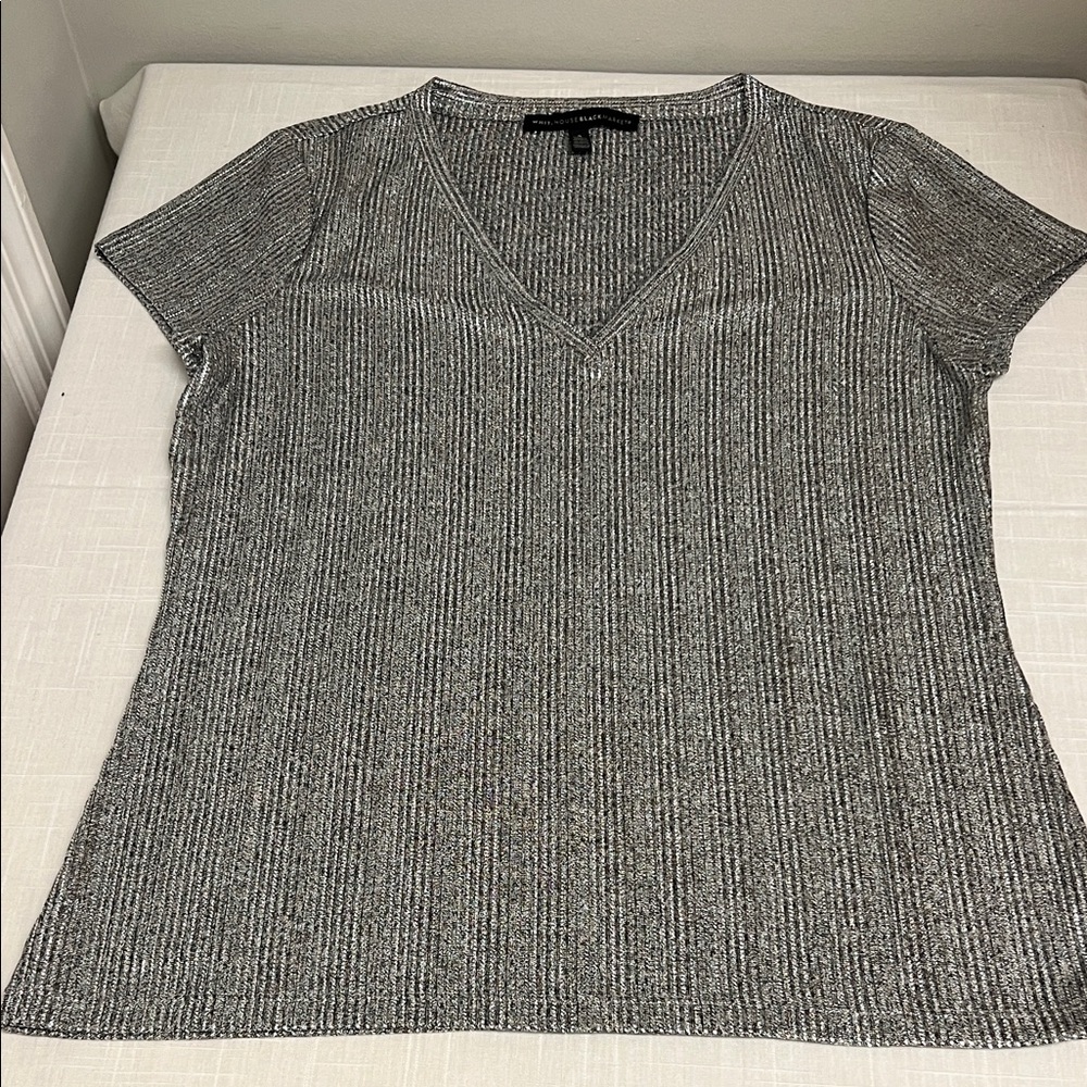 White House Black Market Silver Shimmer V-Neck Tee